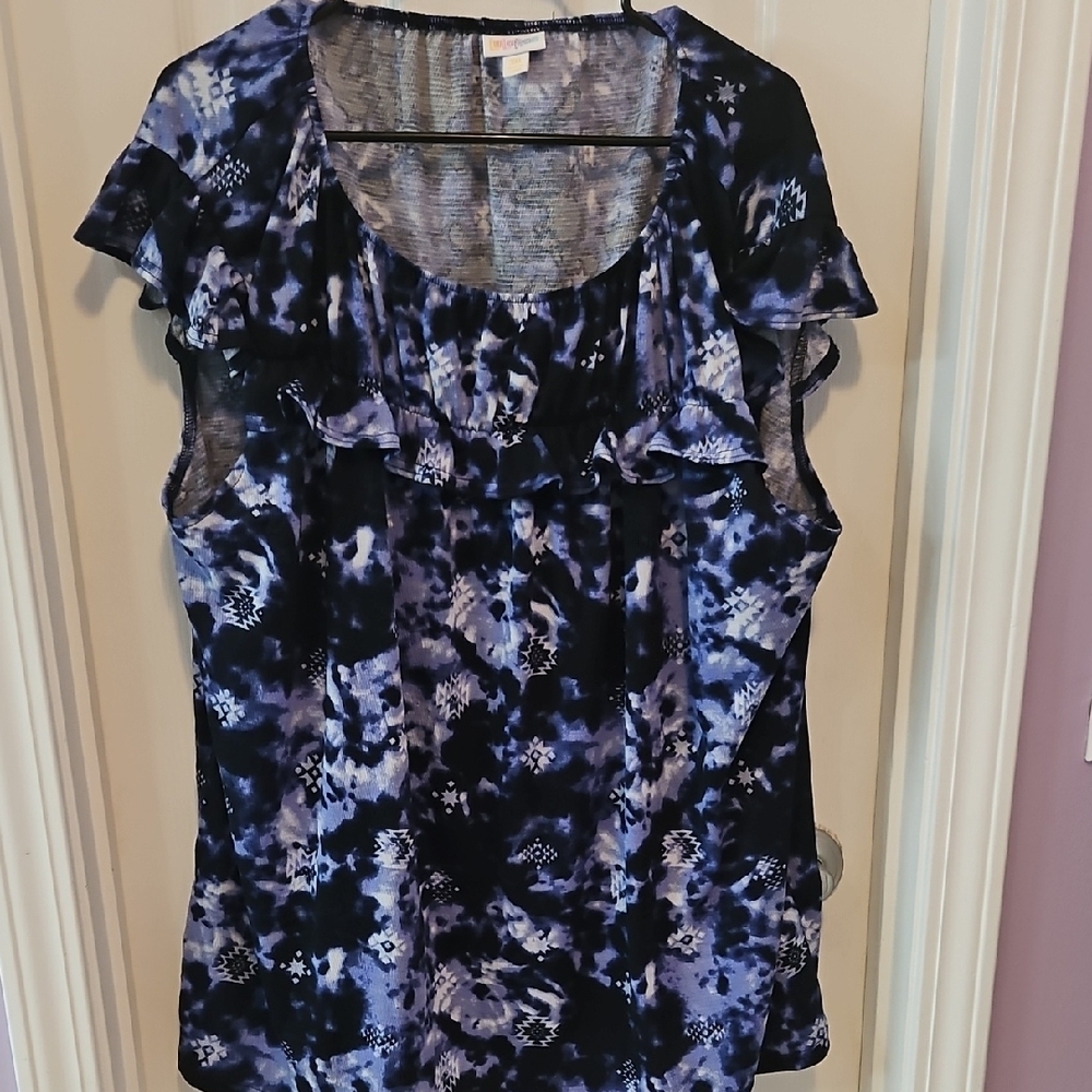 LuLaRoe Blue and Black Ruffled Flutter Sleeve Blouse
